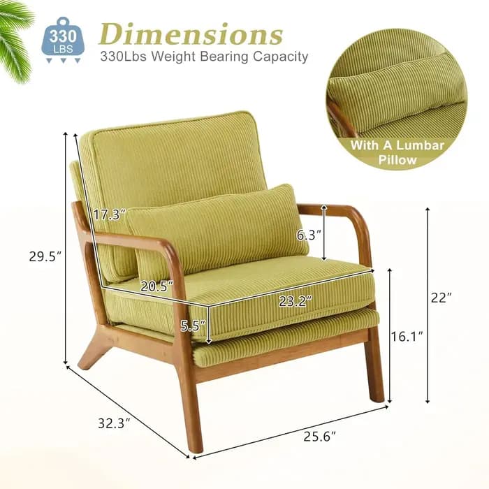 Fauteuil d'appoint en velours côtelé premium amélioré, fauteuil rembourré, chaise de lecture confort