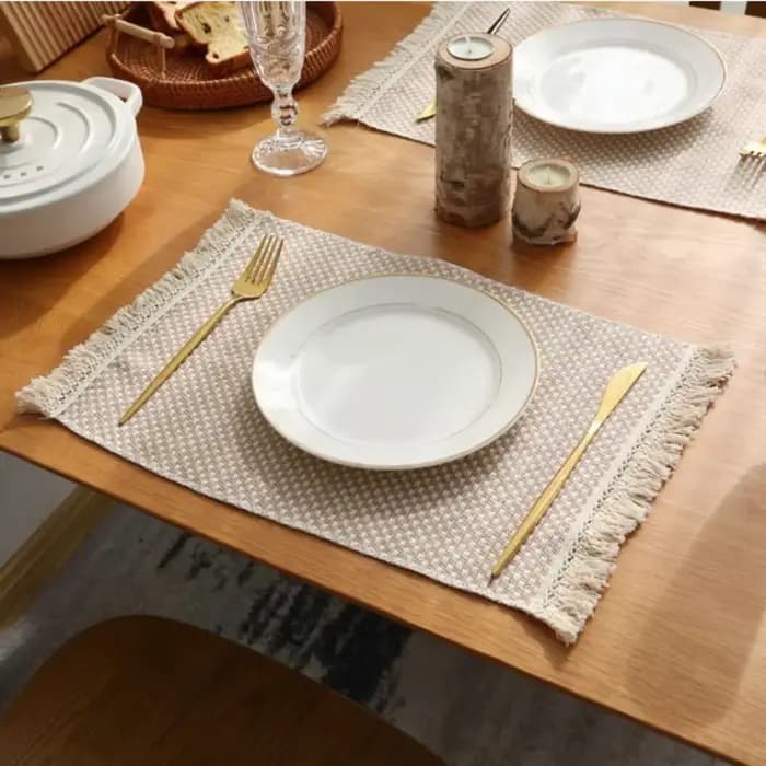 Napperons de table en coton et lin naturel à franges