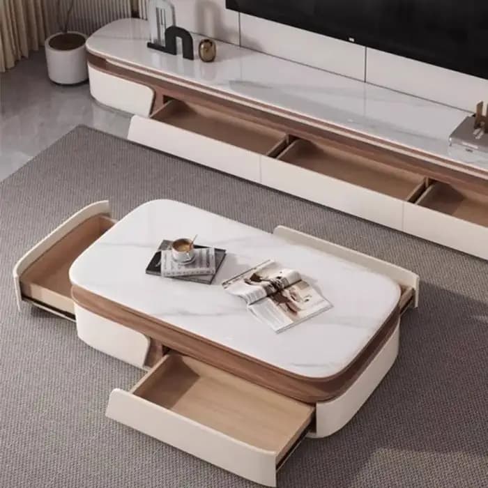 Table basse cachée blanche design tiroir gris rangement