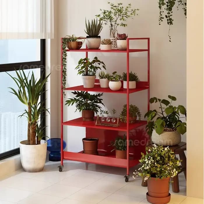 Bibliothèque de sol minimaliste rouge, organisateur de rangement moderne à 4 niveaux pour salon, pré