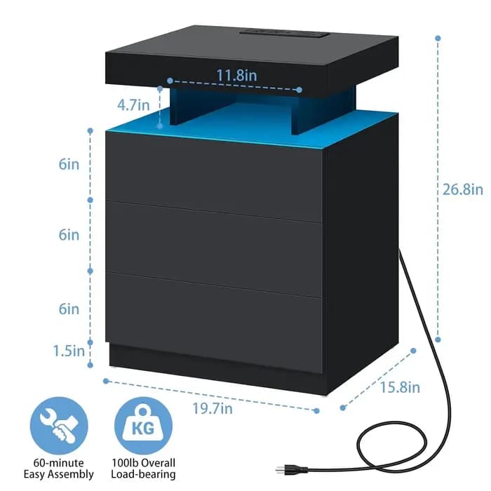 Table de chevet LED avec station de charge sans fil et ports USB, table de chevet moderne, table de
