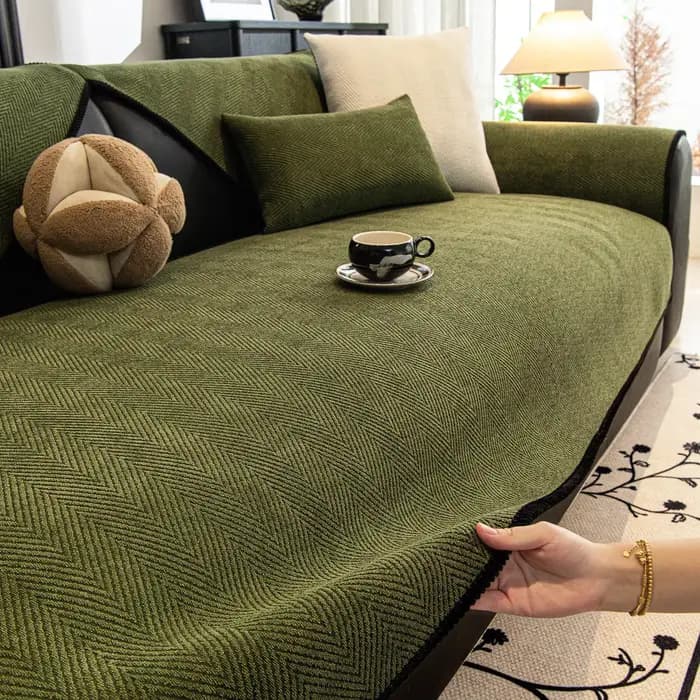 Housse de canapé en chenille verte unie