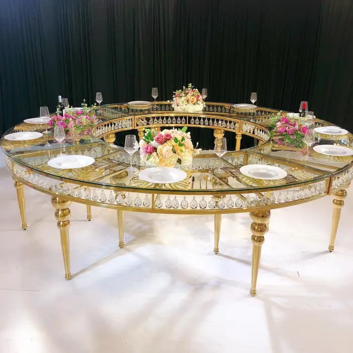 Serpentine Table Luxury glass top gold stainless steel wedding