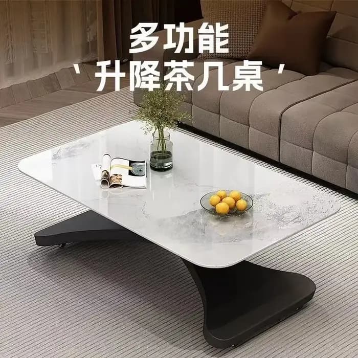 Table basse relevable et table à manger à double usage, multifonctionnelle, pour petit appartement, avec plateau en pierre intégré.