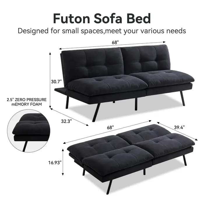 Hcore-Canapé-lit en mousse à mémoire de forme, sofa convertible, causeuse noire pour petits espaces,