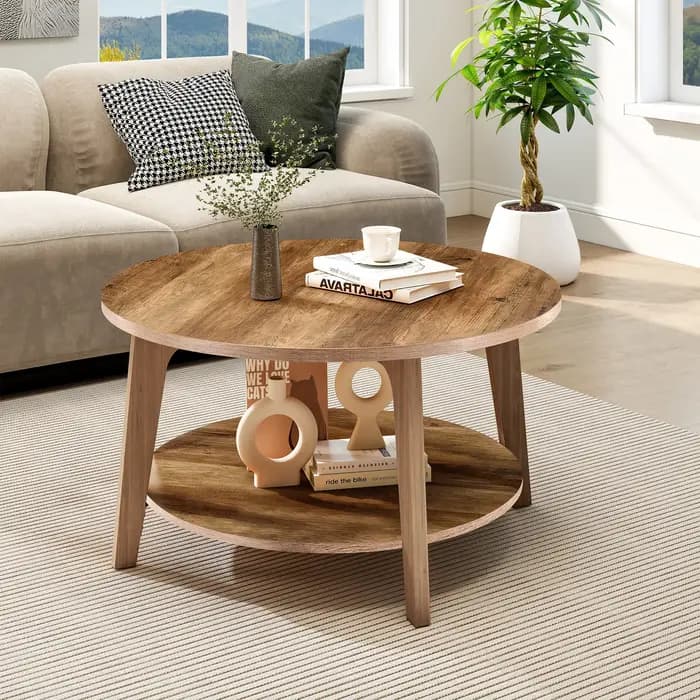 JHK – Table basse ronde en bois de 32 pouces, pour salon, comptoir central à 2 niveaux avec rangemen