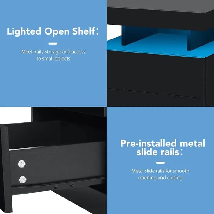 Table de chevet LED avec station de charge sans fil et ports USB, table de chevet moderne, table de