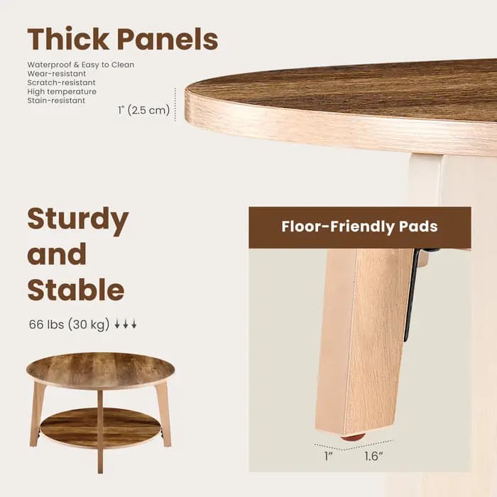 JHK – Table basse ronde en bois de 32 pouces, pour salon, comptoir central à 2 niveaux avec rangemen