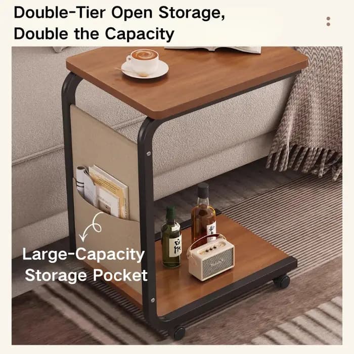 Table d'appoint en forme de C à 2 niveaux avec rangement ouvert