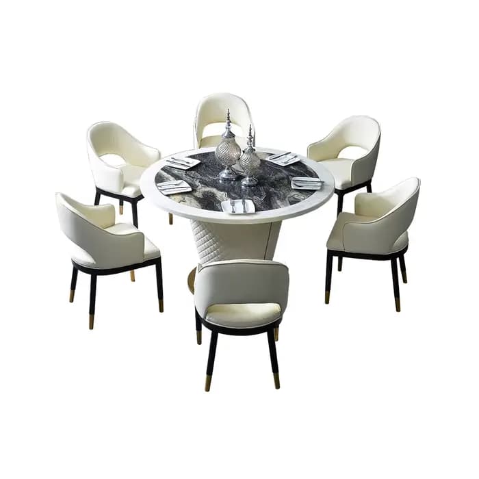 Ensemble de table à manger moderne 7 pièces pour 6 personnes, table à manger ronde en marbre avec 6 chaises rembourrées en cuir véritable, cuisine salle à manger