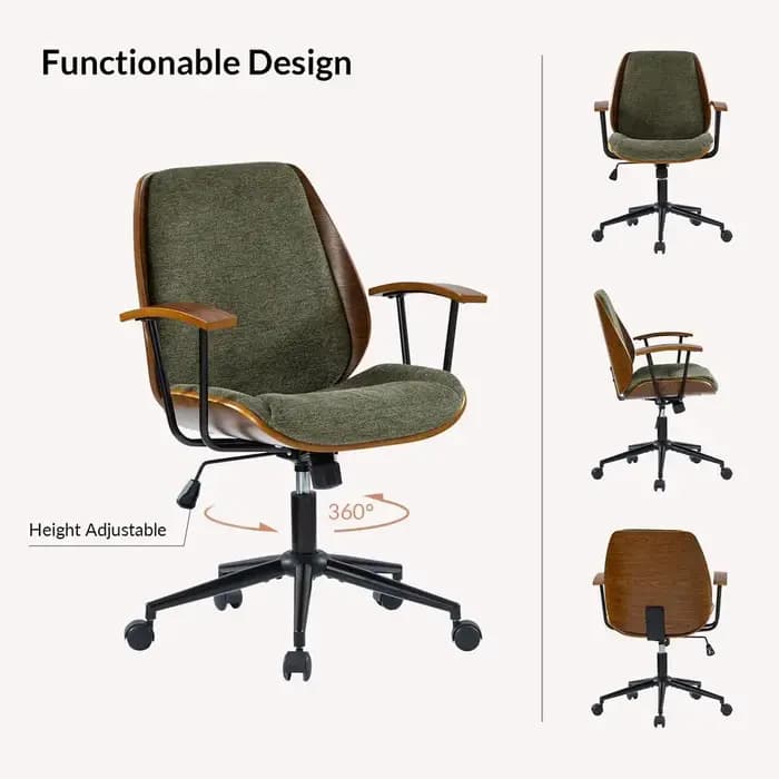 Chaise de bureau ergonomique pivotante avec revêtement en polyester et structure en bois courbé, hau