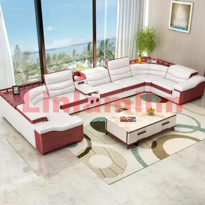 Ensemble de canapé de luxe en cuir véritable en forme de U avec fauteuil inclinable