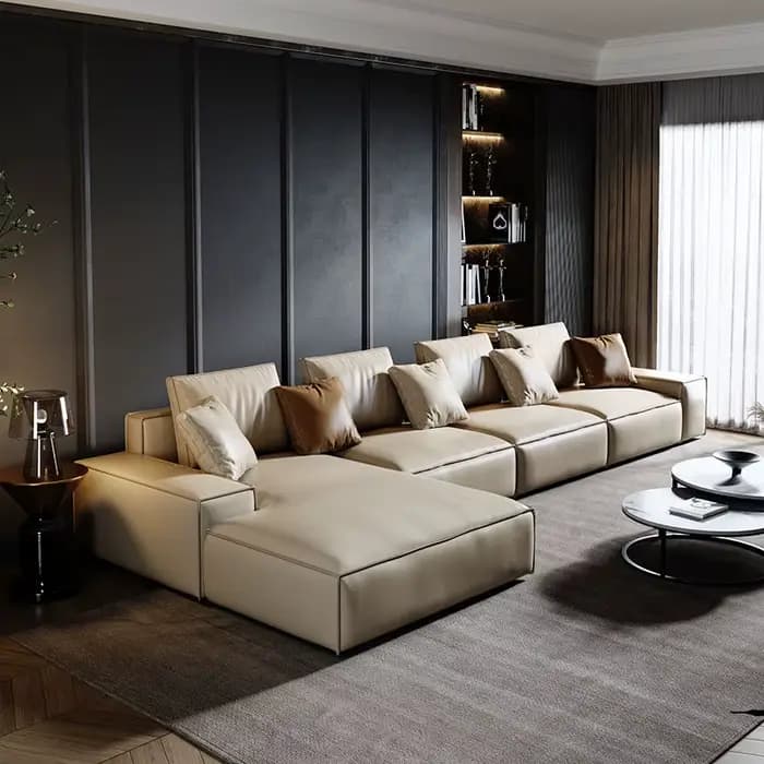 Canapé moderne rembourré en cuir véritable beige à 3 places avec oreillers