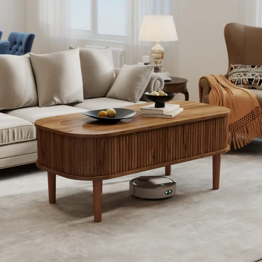 Table basse relevable cannelée avec rangement dissimulé, table basse ovale avec plateau relevable, d