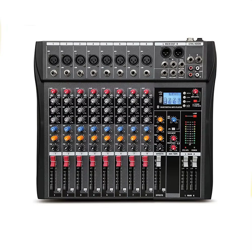 Console de mixage professionnelle 8 canaux avec 99 effets DSP, Bluetooth, USB, MP3, alimentation fan