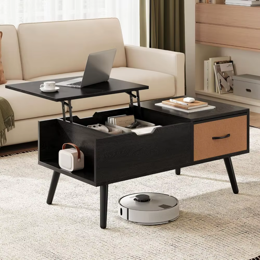 Table basse relevable pour salon, petites tables centrales en bois avec grand rangement