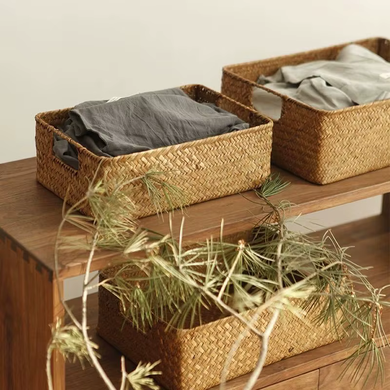 Zerolife-Panier en jonc de mer tissé pour décoration intérieure, panier en osier naturel, panier de