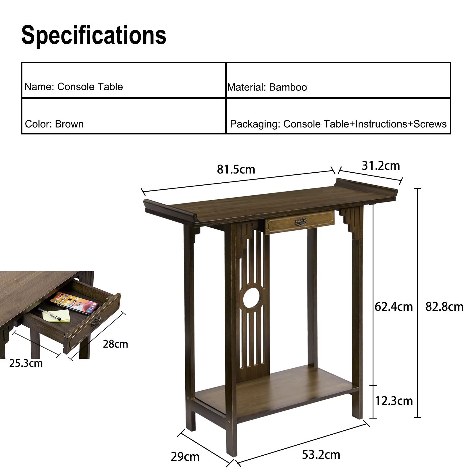 Table console d'entrée de canapé rustique, table d'appoint, salon, entrée de couloir, 32 po