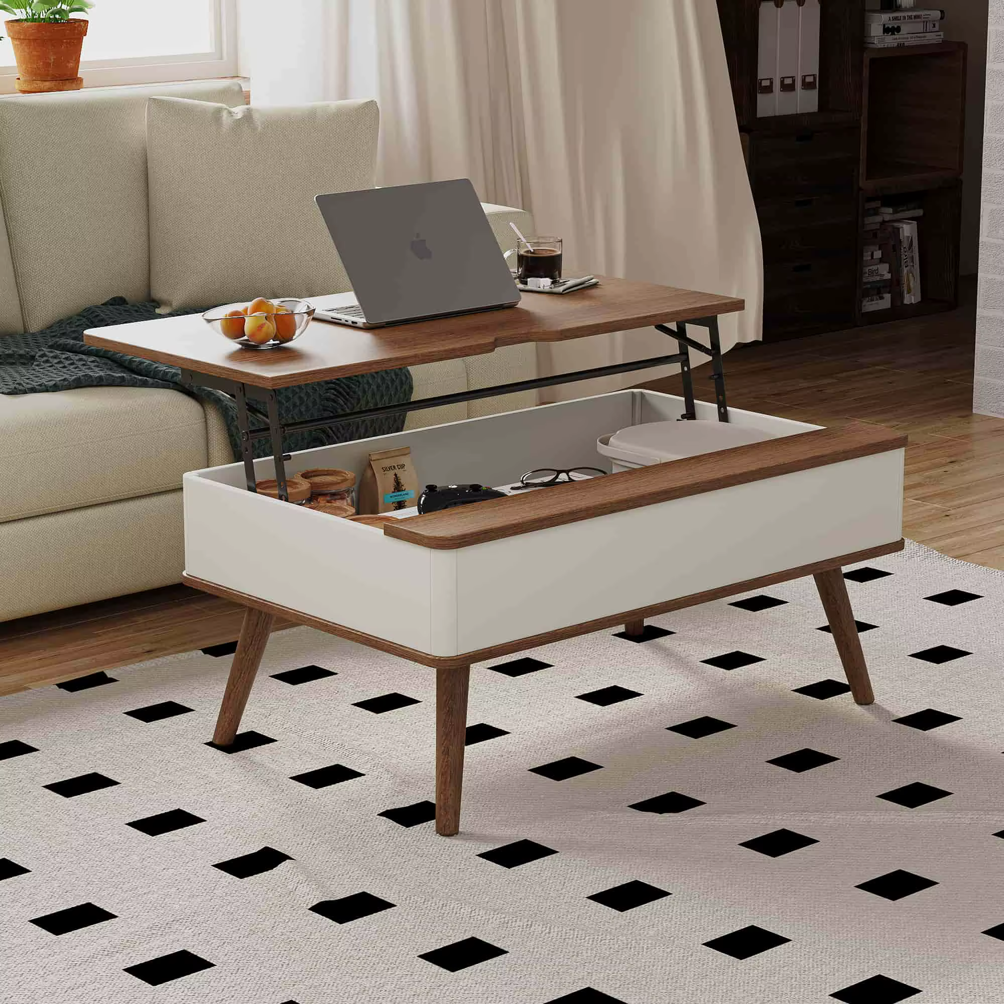 Table basse blanche, table centrale élévatrice multifonctionnelle avec rangement, meubles au design 