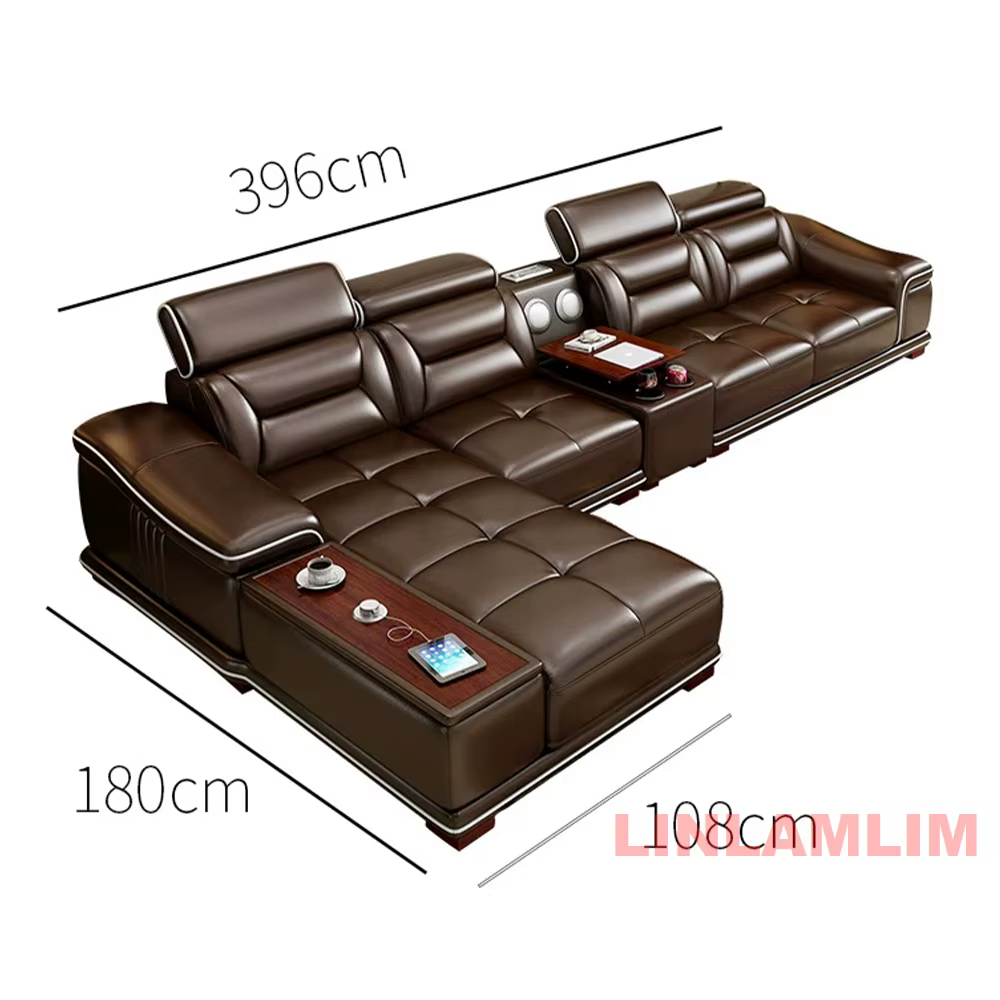Canapé d'angle moderne en cuir véritable avec chaise longue, appuie-têtes réglables, USB, haut-parle