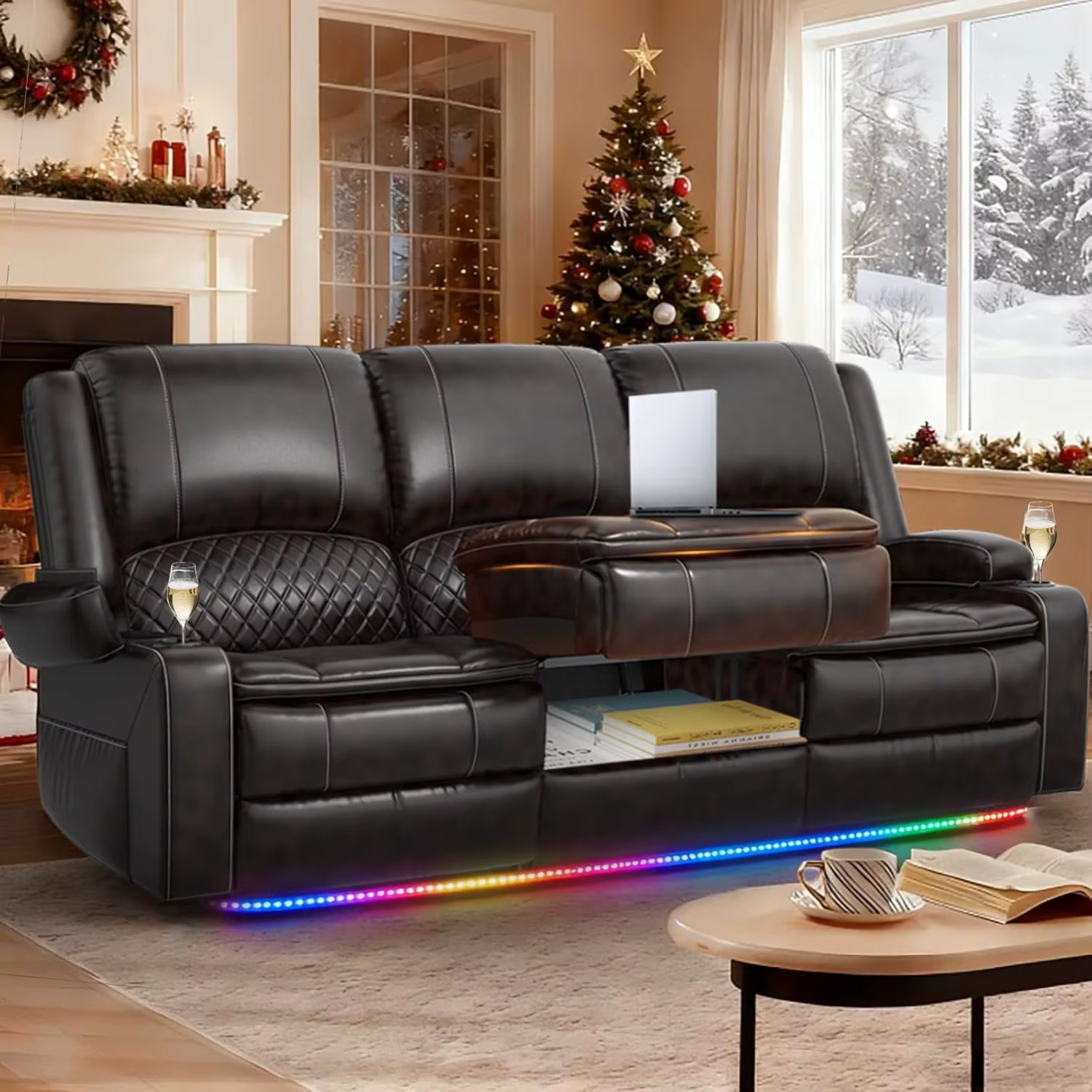 Canapé inclinable 3 places avec console, accoudoirs, cuir PU, porte-gobelets, ports USB, salon/campi