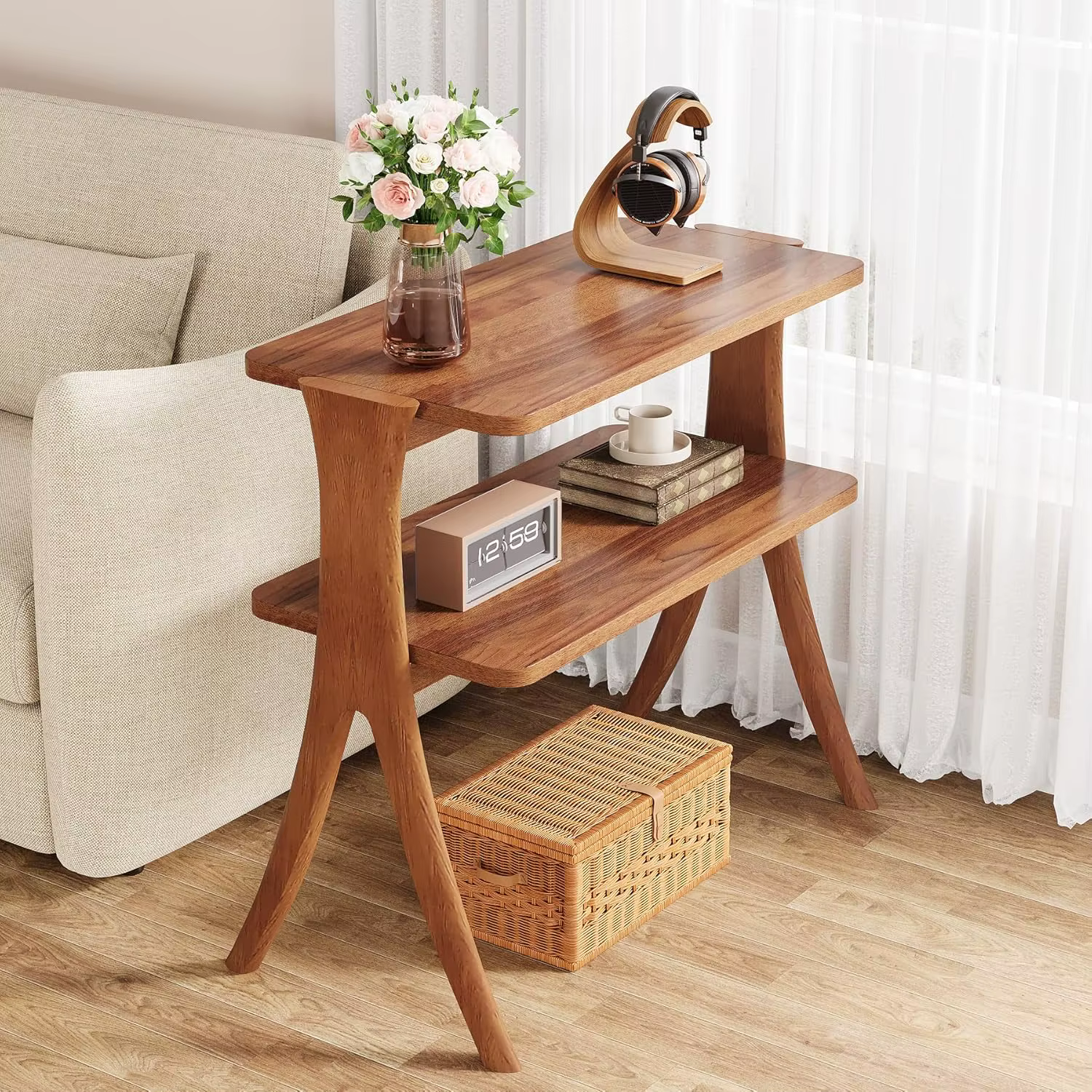 Table d'appoint pour salon, table d'appoint de ferme avec étagère de rangement à 2 niveaux et pieds 