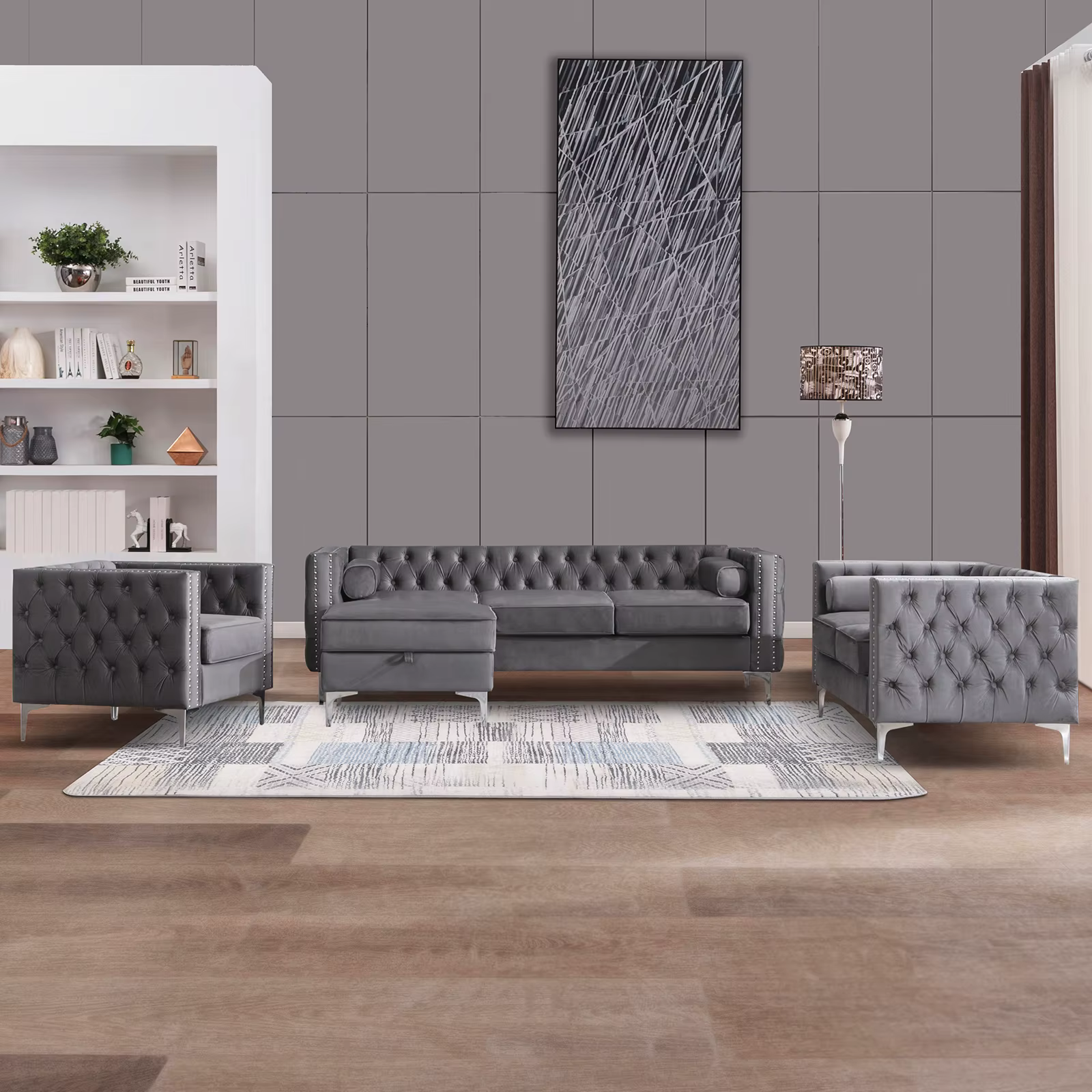 HORGgland O-Ensembles de meubles de salon, canapé sectionnel convertible avec rangement