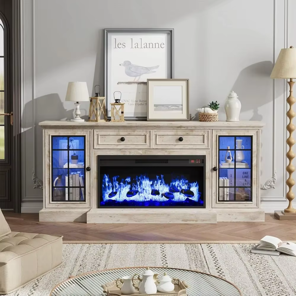 Centre de divertissement de ferme moderne avec lumières LED de cheminée électrique - Meuble TV pour