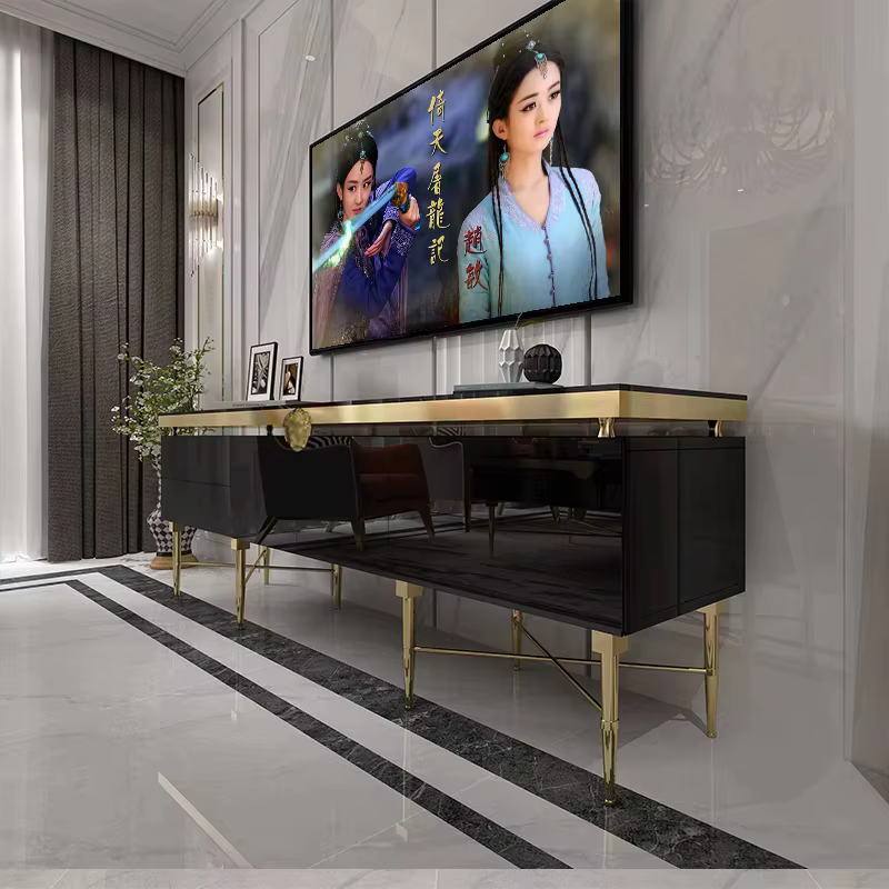 Table TV de luxe avec base et rangement en acier inoxydable doré, couleurs noir et blanc