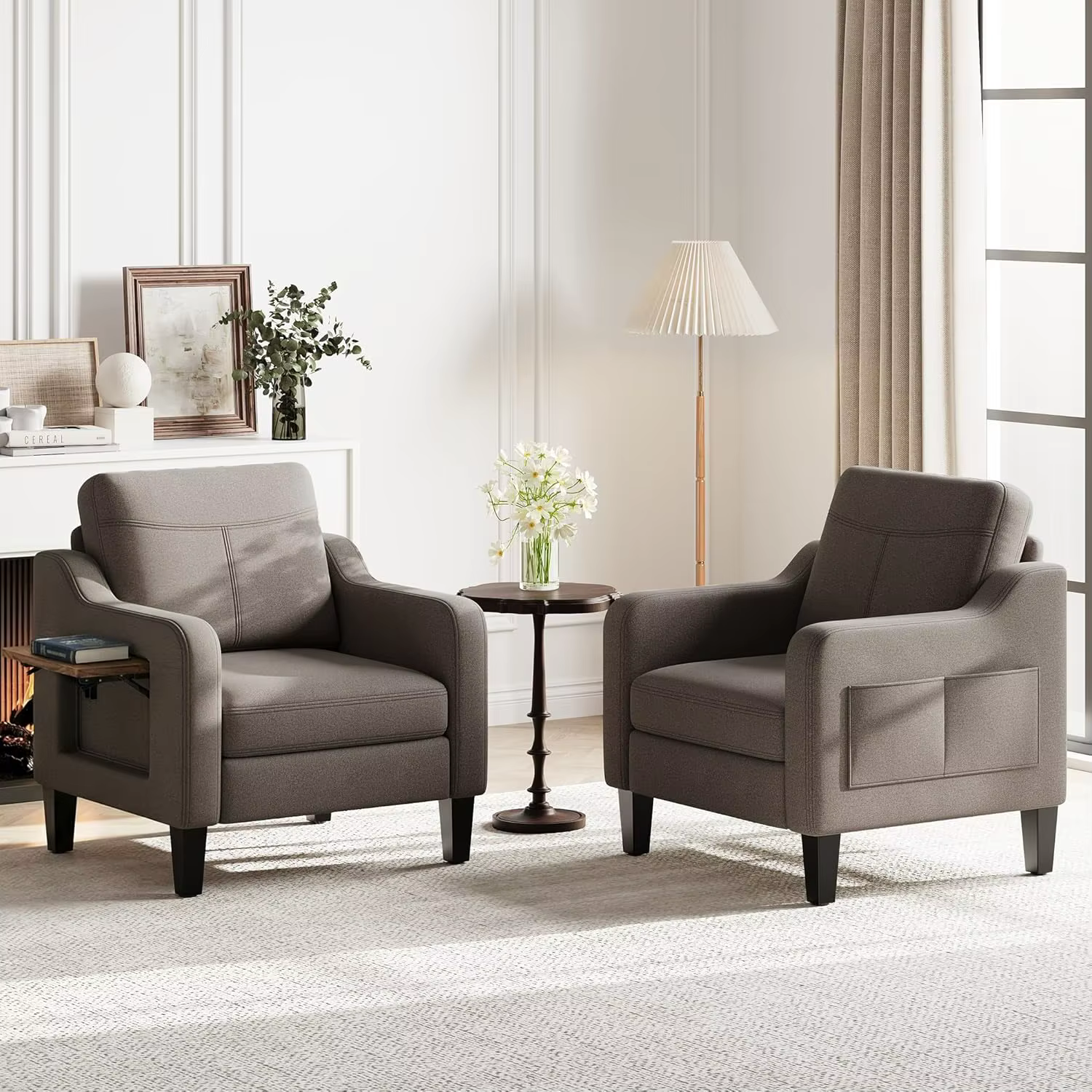 Fauteuil d'appoint pour salon, fauteuil moderne en lin rembourré, canapé en tissu avec table pliable
