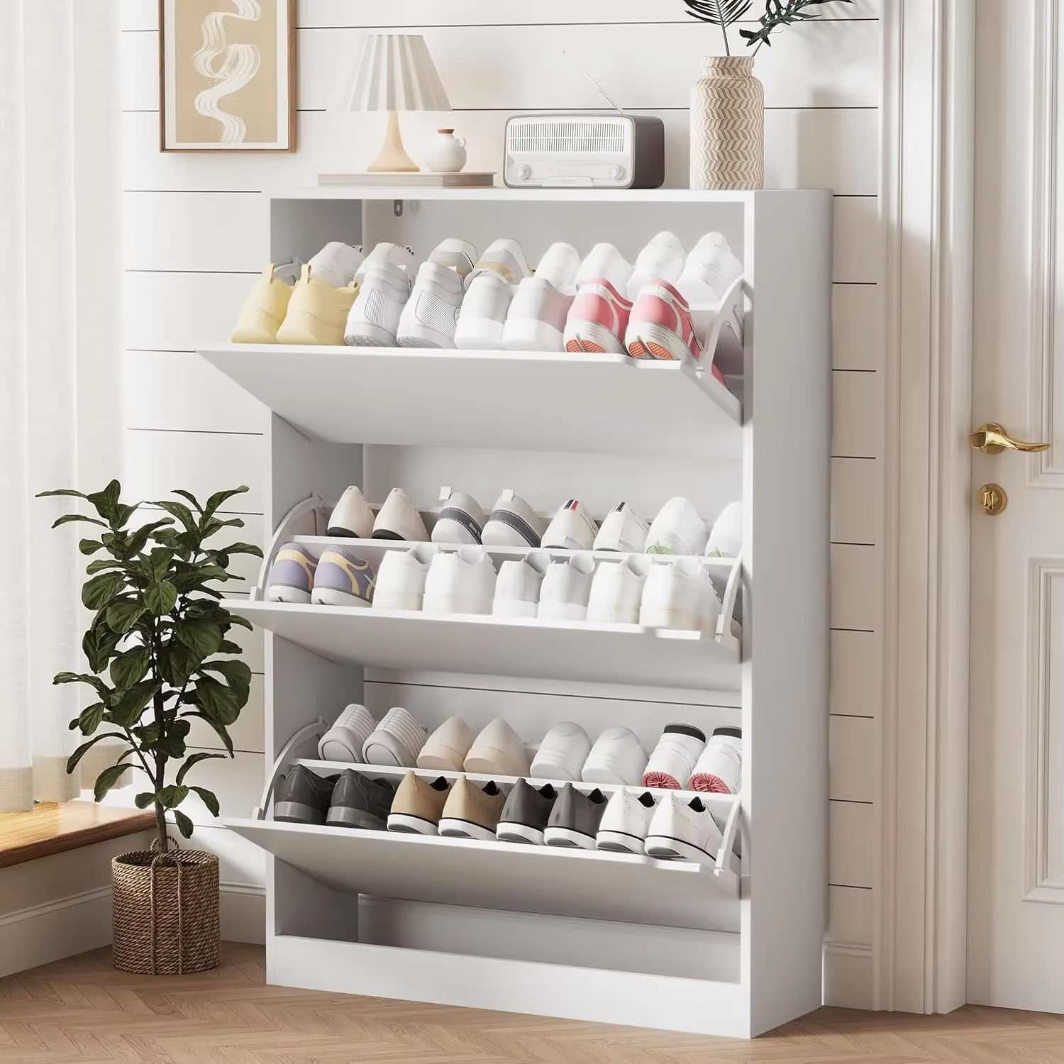 Armoire à chaussures en bois robuste pour l'entrée avec 3 tiroirs rabattables, organisateur de chaus