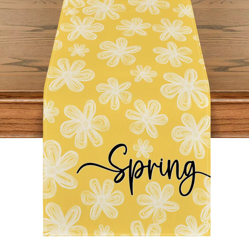 Chemin de table jaune peint à la main avec motif de marguerites, décoration saisonnière estivale pou