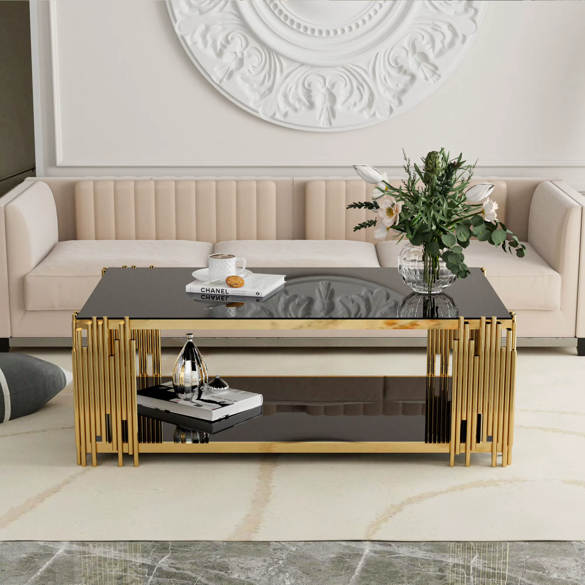 Table basse rectangulaire en verre pour salon, acier inoxydable, table centrale moderne, verre noir 