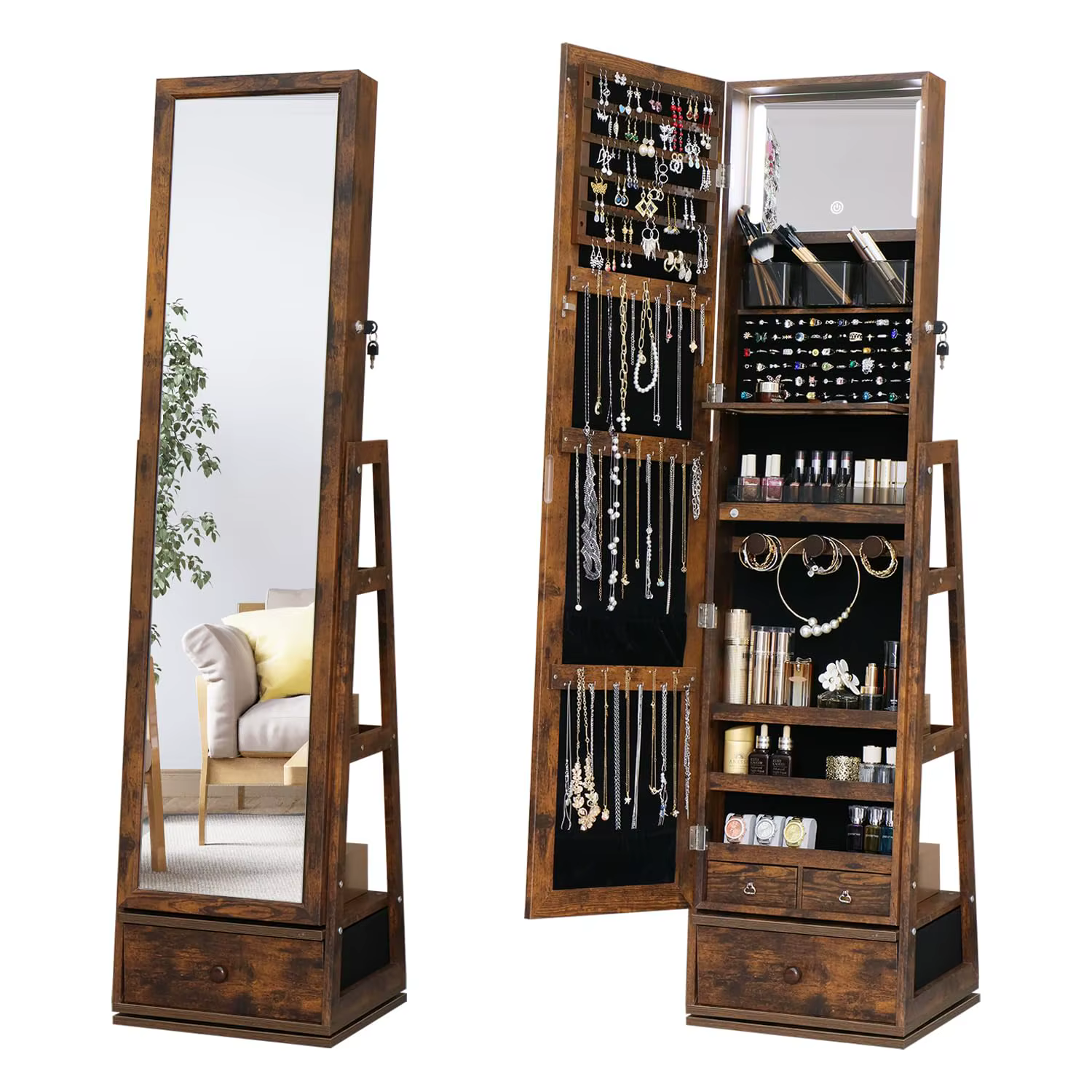 Armoire à bijoux avec miroir pleine longueur pivotant à 360° - Armoire sur pied avec miroir intégré 