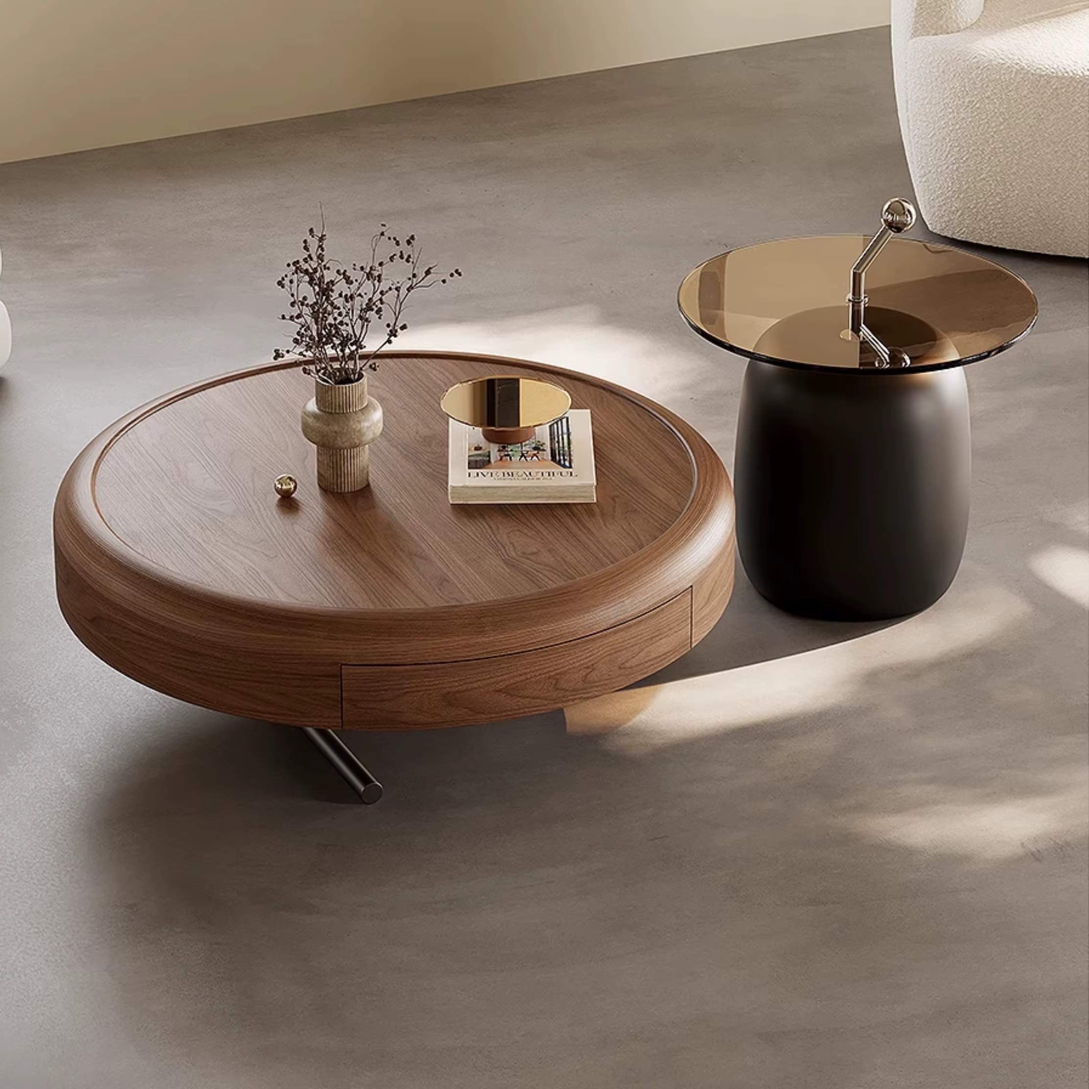 Table basse ronde élégante avec rangement caché et table d'appoint chic