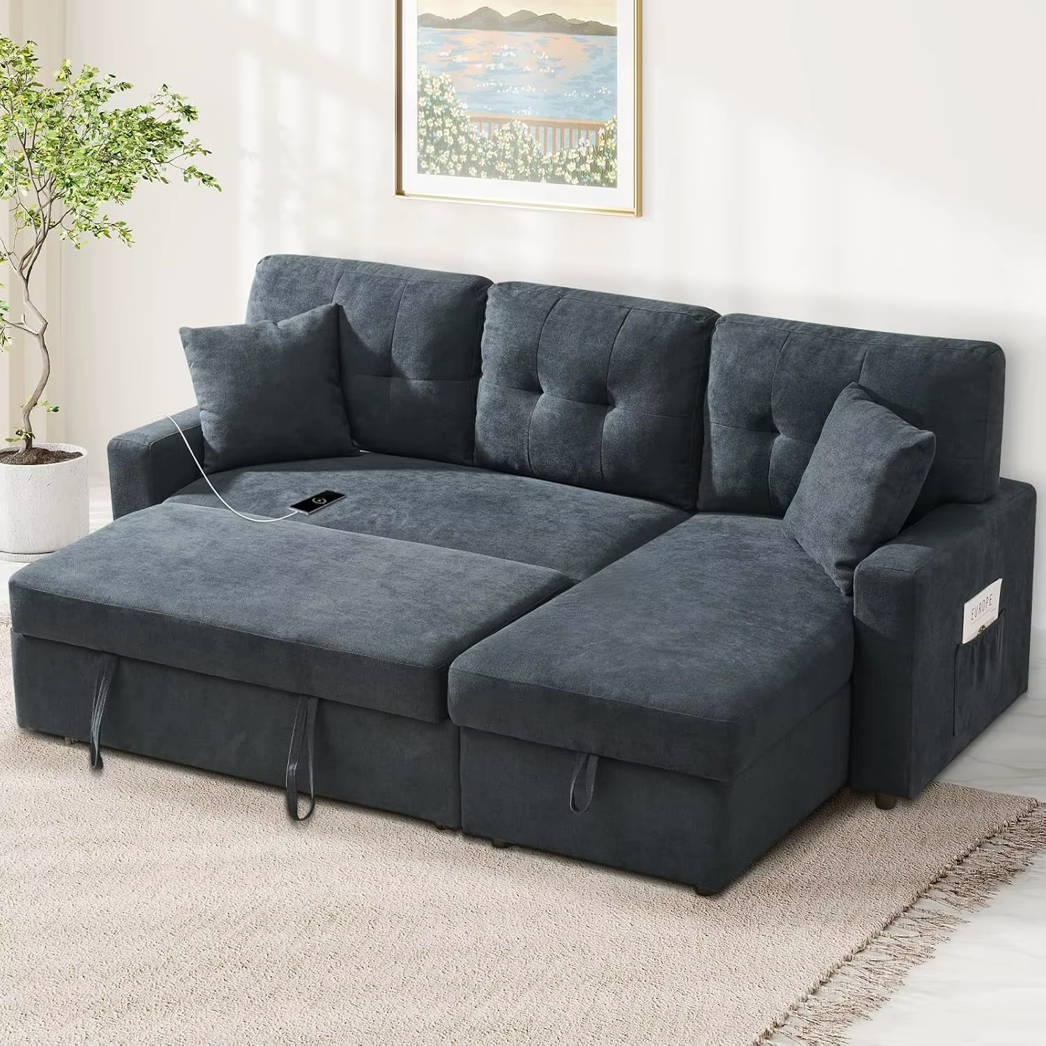Canapé en forme de L avec rangement, canapé-lit extractible avec ports USB et type-c, canapé-lit con