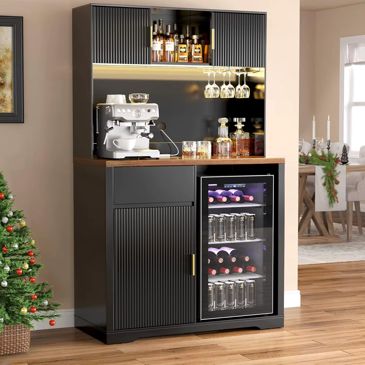 Armoire de bar haute de 72 pouces avec espace réfrigérateur, armoire à liqueur et à café à nervures 