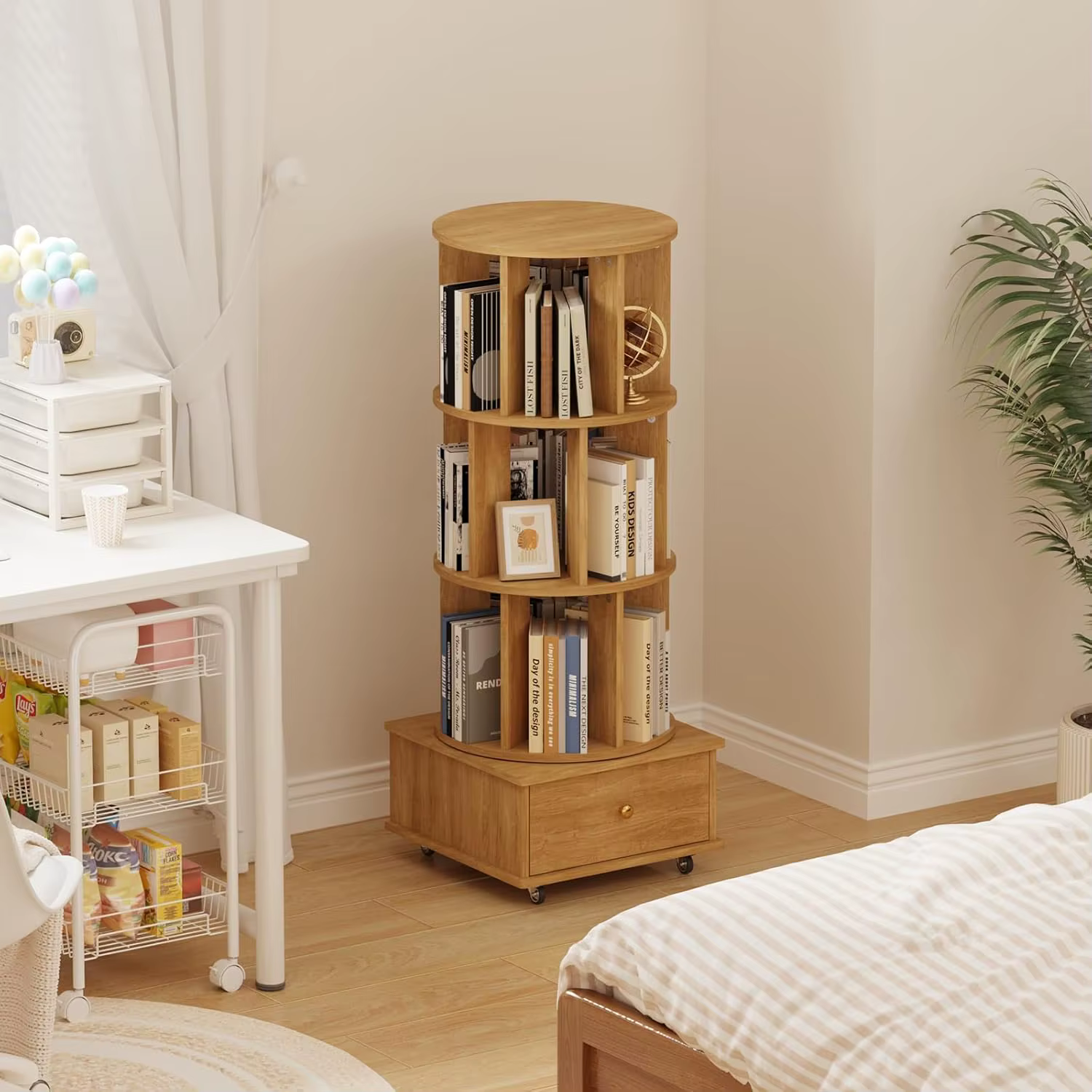 Étagère rotative à 3 niveaux avec tiroirs et roulettes, bibliothèque d'angle 360°, tour de rangement