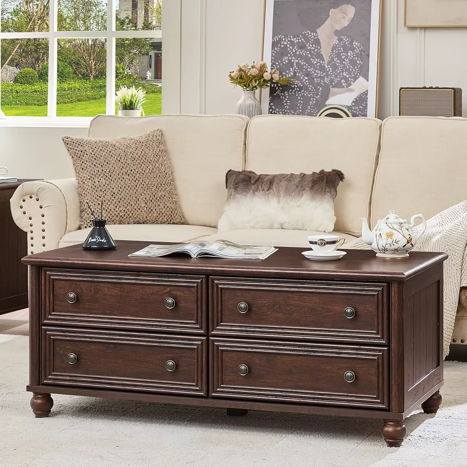 Table basse en bois de 48 pouces avec 4 tiroirs, poignée romaine, base incurvée rustique, pour salon