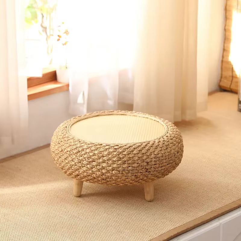 Table basse japonaise ronde en rotin tissé à la main avec rangement pour salon, table à thé