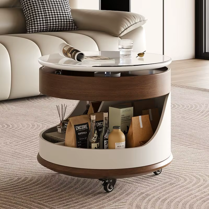 Table basse ronde relevable en chêne de styliste moderne, avec rangement, meubles amovibles pour sal
