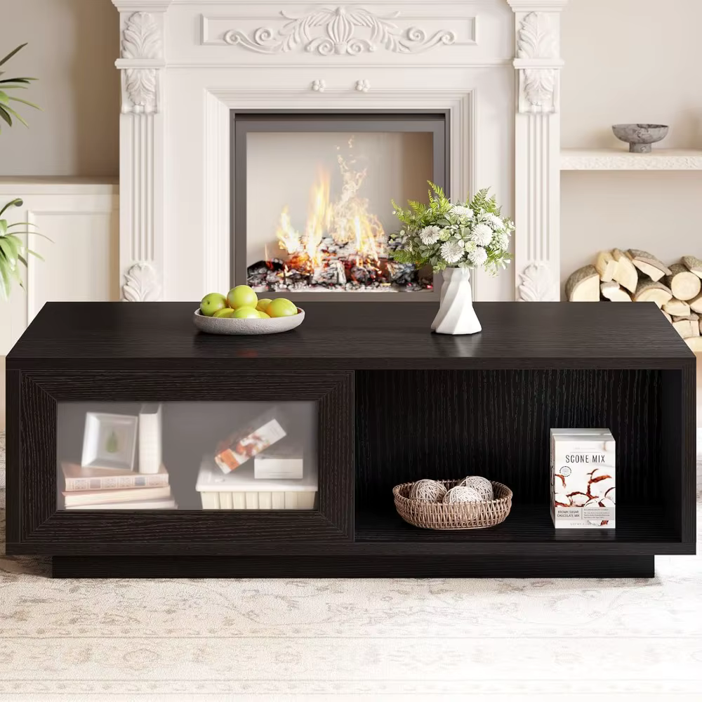 Table basse noire, table basse moderne pour salon, tables basses rectangulaires avec porte coulissan