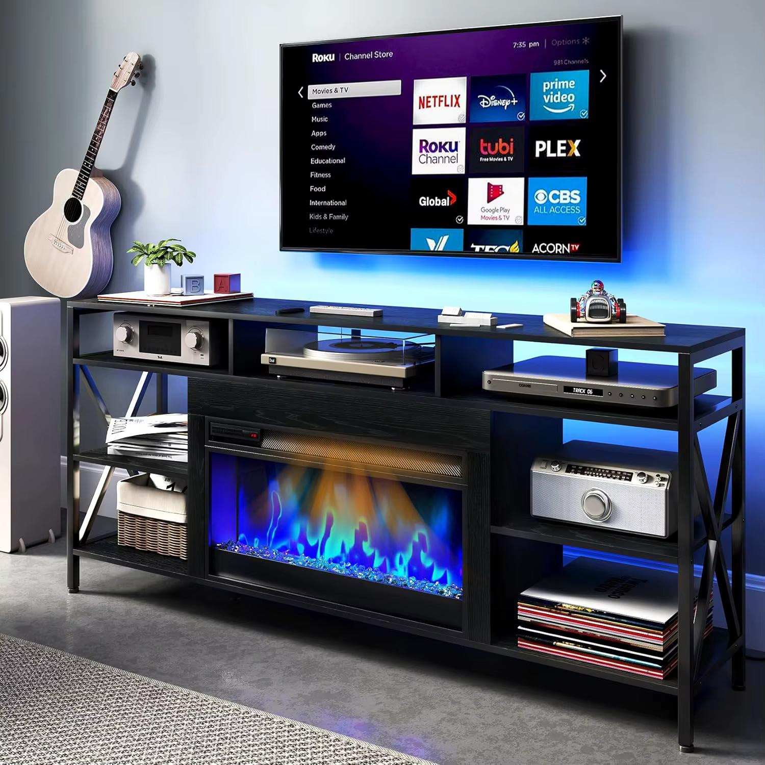 Meuble TV 60 pouces avec foyer électrique 27,5 pouces, console multiprise, armoire de rangement LED,