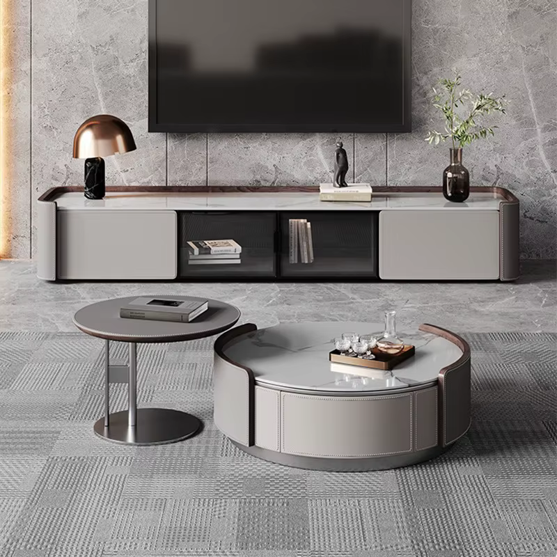 Ensemble de Table basse ronde moderne ZN 220, meuble TV minimaliste combiné avec fonction de rangeme