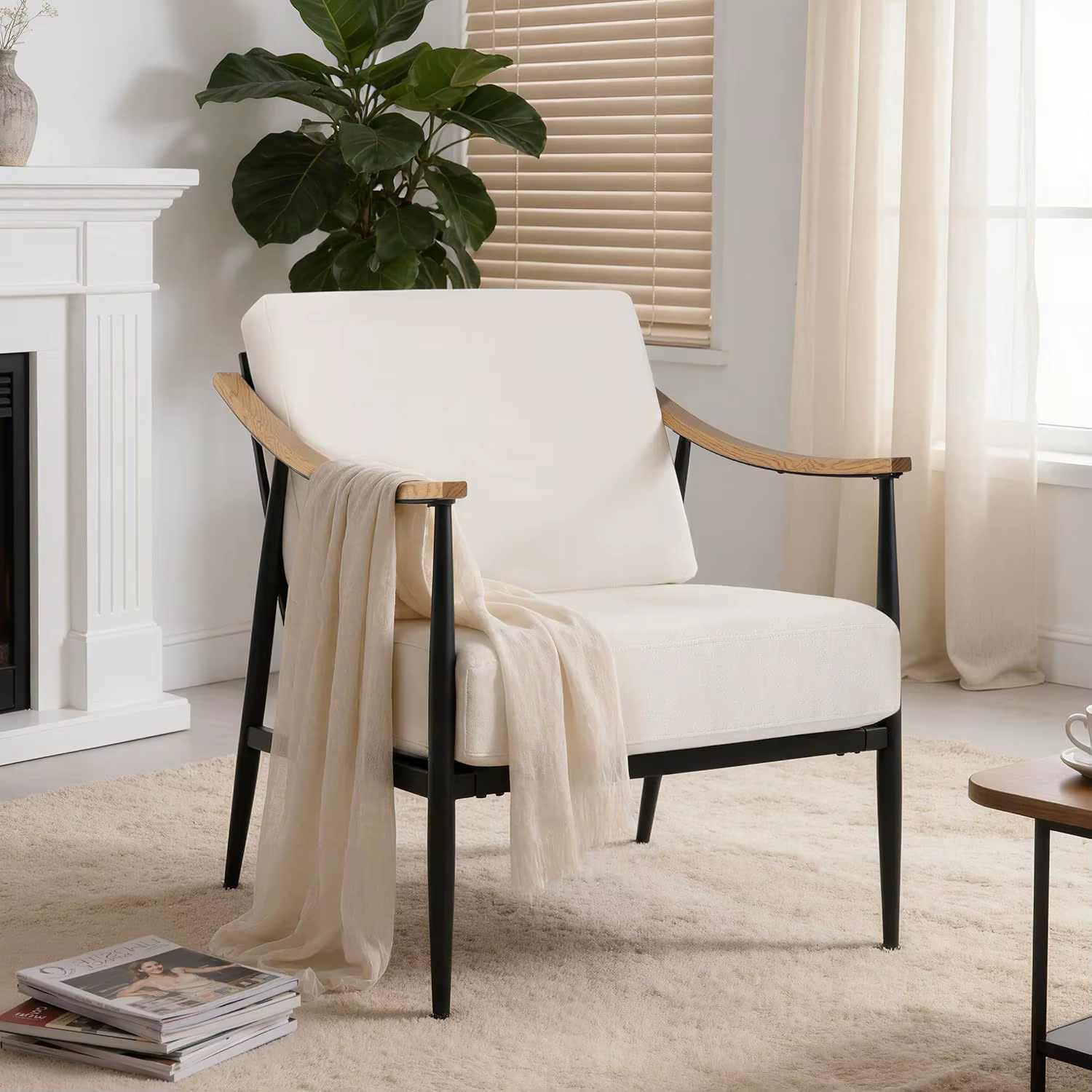 Fauteuil d'appoint rembourré de style Mid-Century avec structure en métal pour salon, chambre, burea