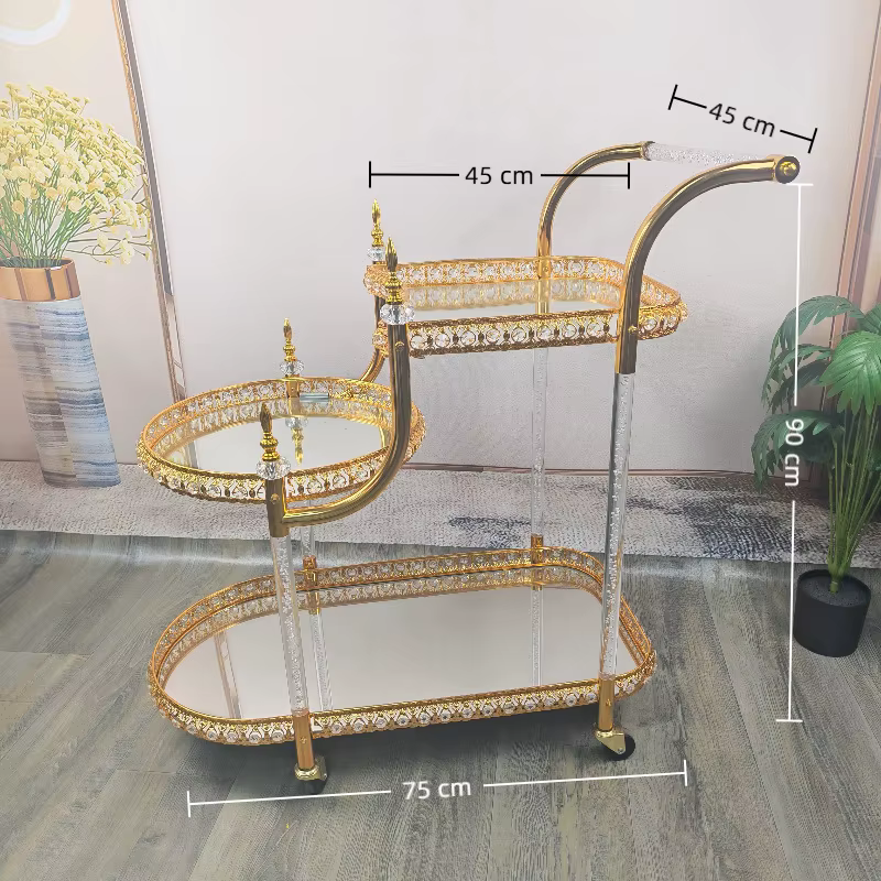 Chariot de restauration haut de gamme en métal et verre, style rétro, pour livraison de plats, desse