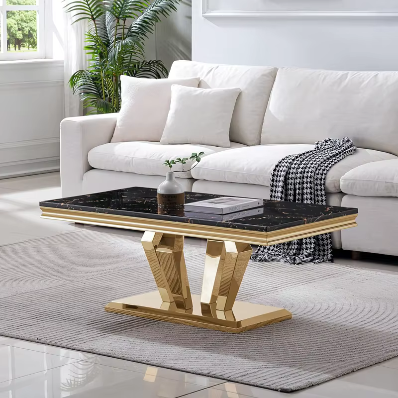 Table basse en marbre de luxe moderne avec centre en métal doré, ensembles de meubles de salon d'ext