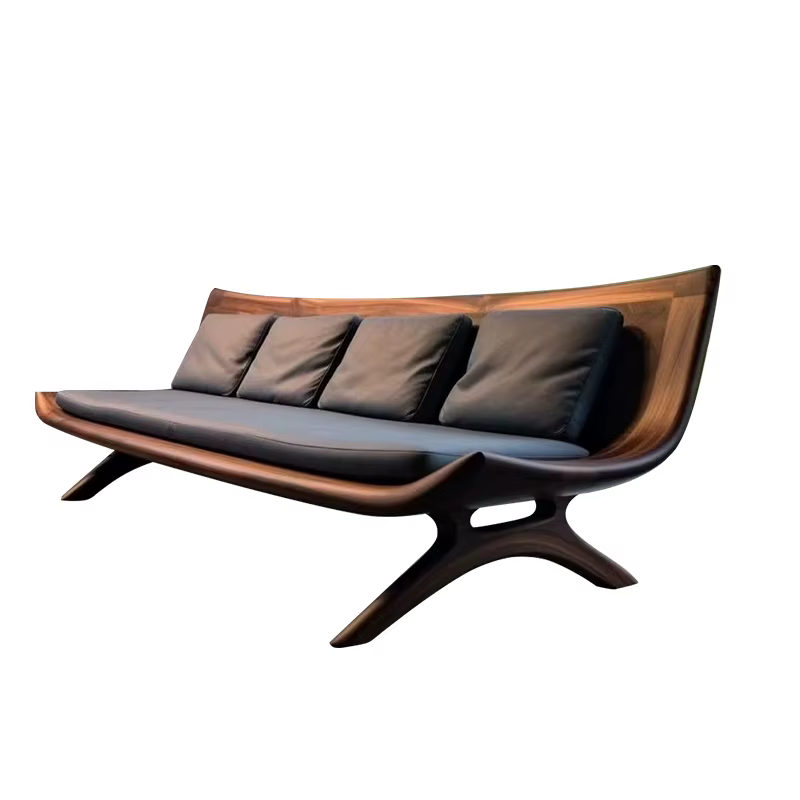 Canapé de salon en bois massif et cuir, rangée droite, noyer, style loisirs, antique, moderne, meubl