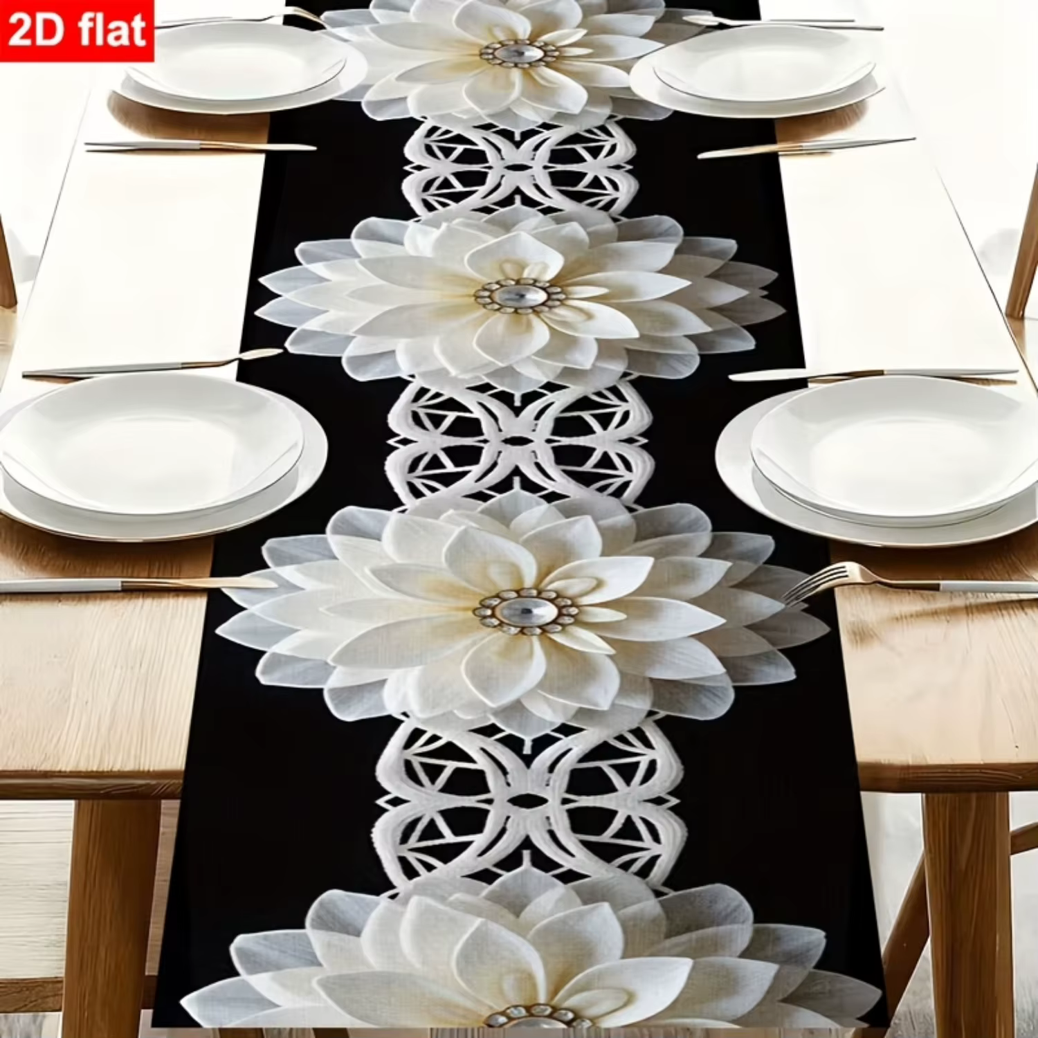 Chemin de table élégant à imprimé floral blanc 2026, style floral moderne, pour buffets et décoratio
