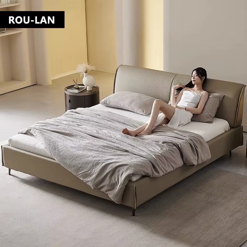 Lit en cuir souple minimaliste moderne, lit Queen, chambre principale, lit de mariage, lit double cr